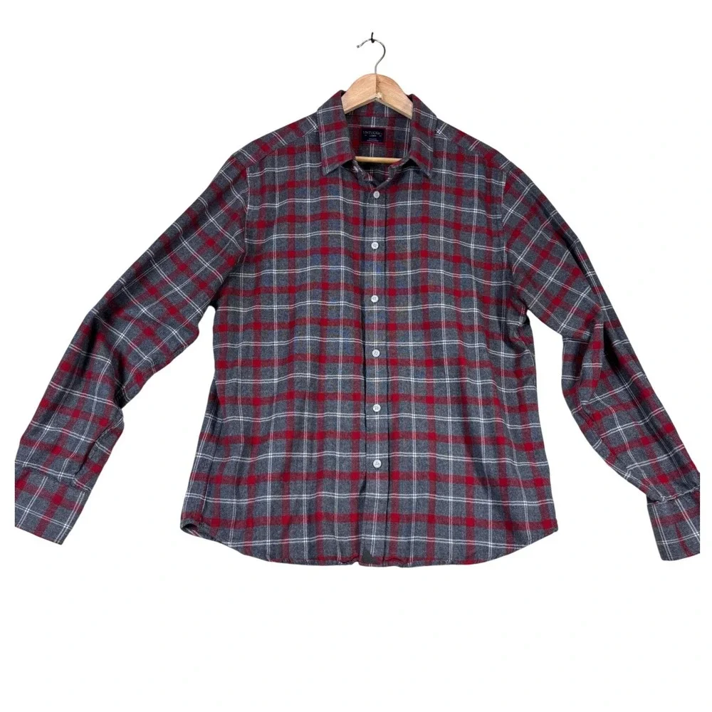 UNTUCKit Mens Large Grey Red Plaid Long Sleeve‎ 100% Cotton Button Down Shirt